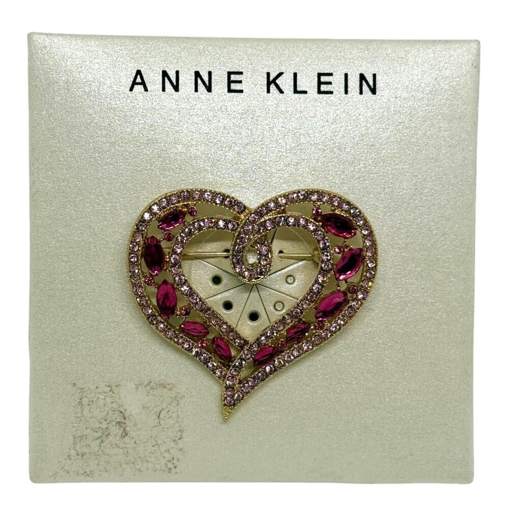 Anne Klein Heart Brooch Pink Rhinestones Marquise Gold Tone Pin 2000s NWT
